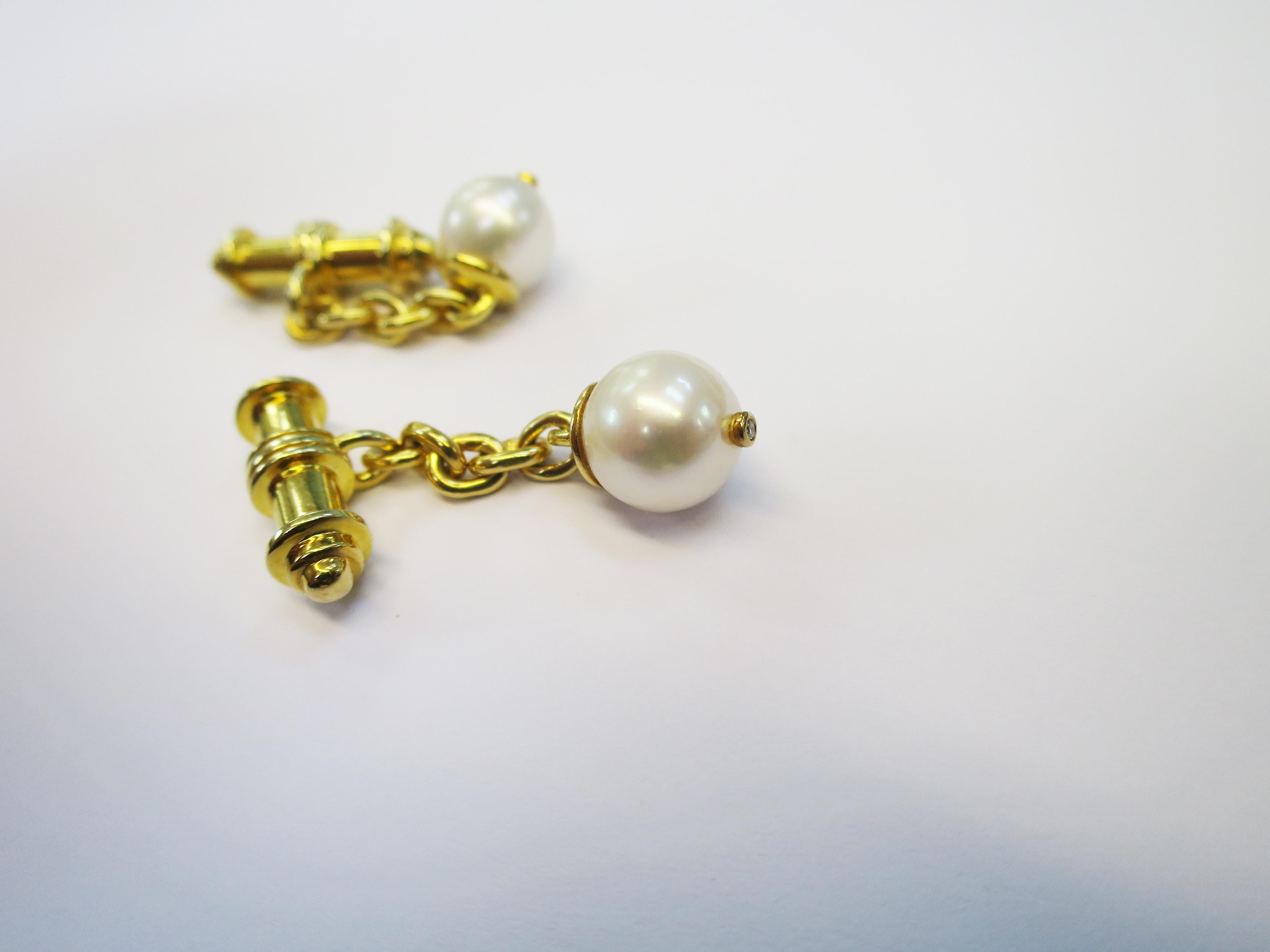 Contemporary TPL 18 Carat Yellow Gold Vermeil Diamond and Pearl Chain Cufflinks For Sale