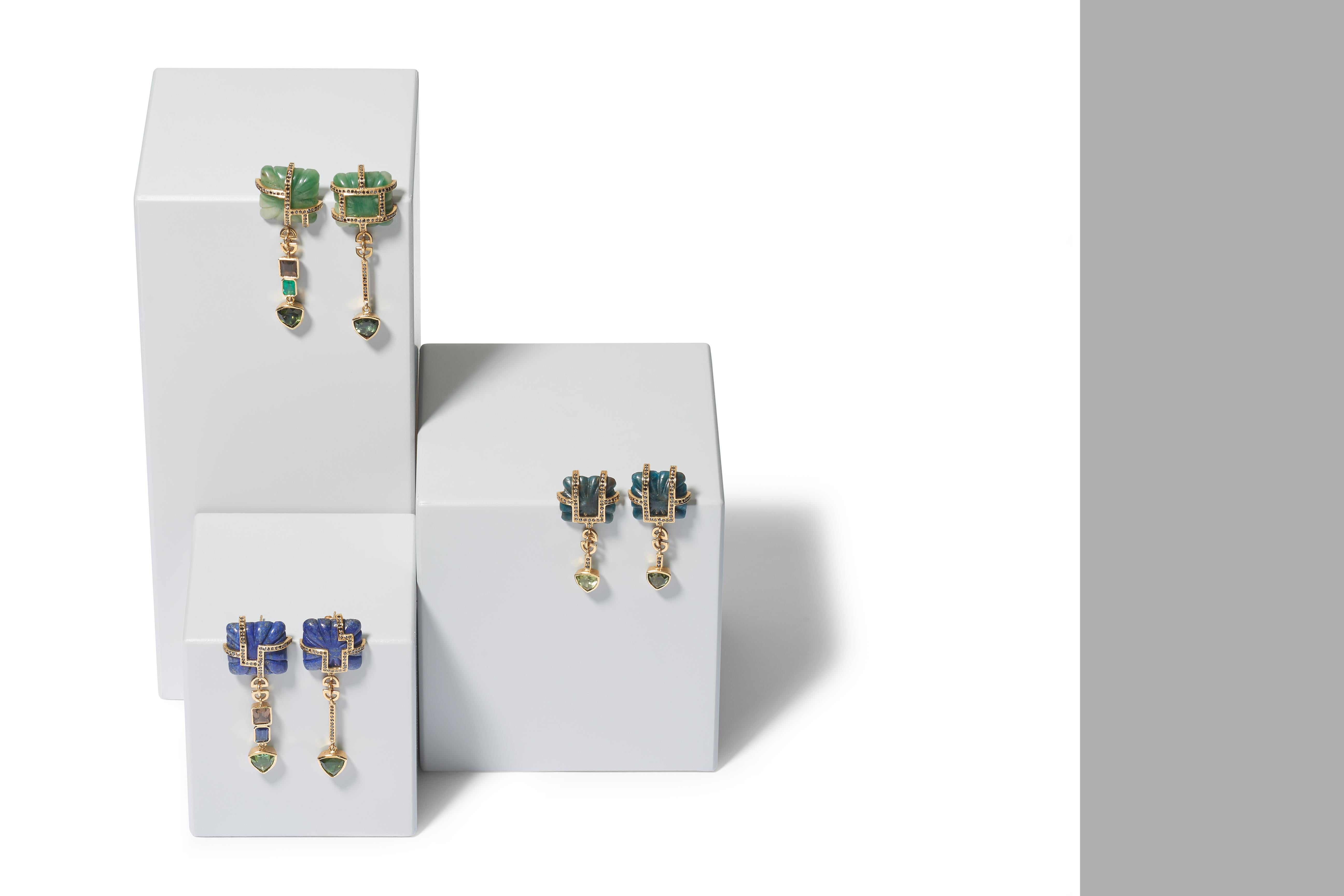 18ct Yellow Gold, Kyanite, Black Diamond and Green Tourmaline Drop Earrings For Sale 5