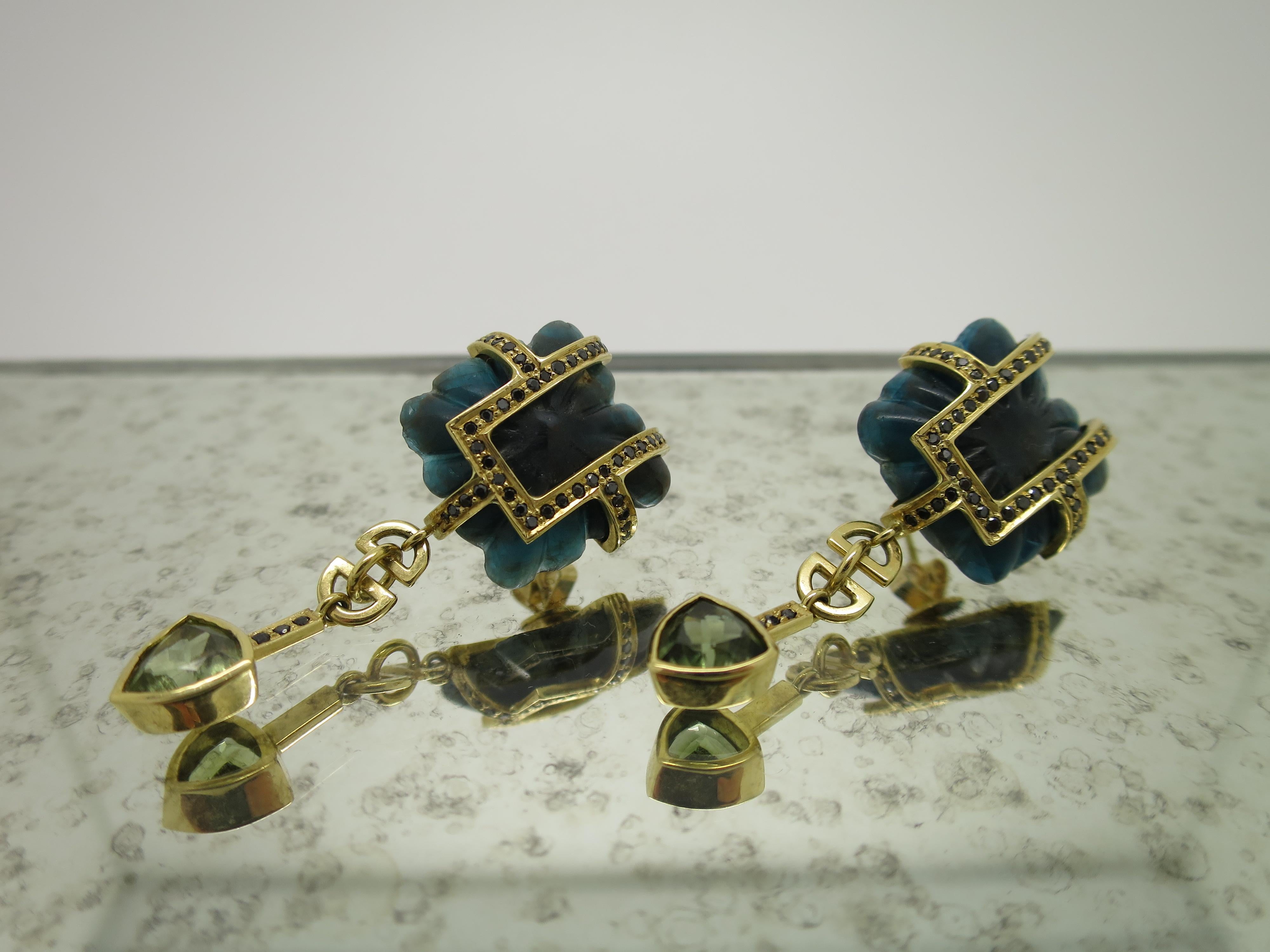 18ct Yellow Gold, Kyanite, Black Diamond and Green Tourmaline Drop Earrings For Sale 1
