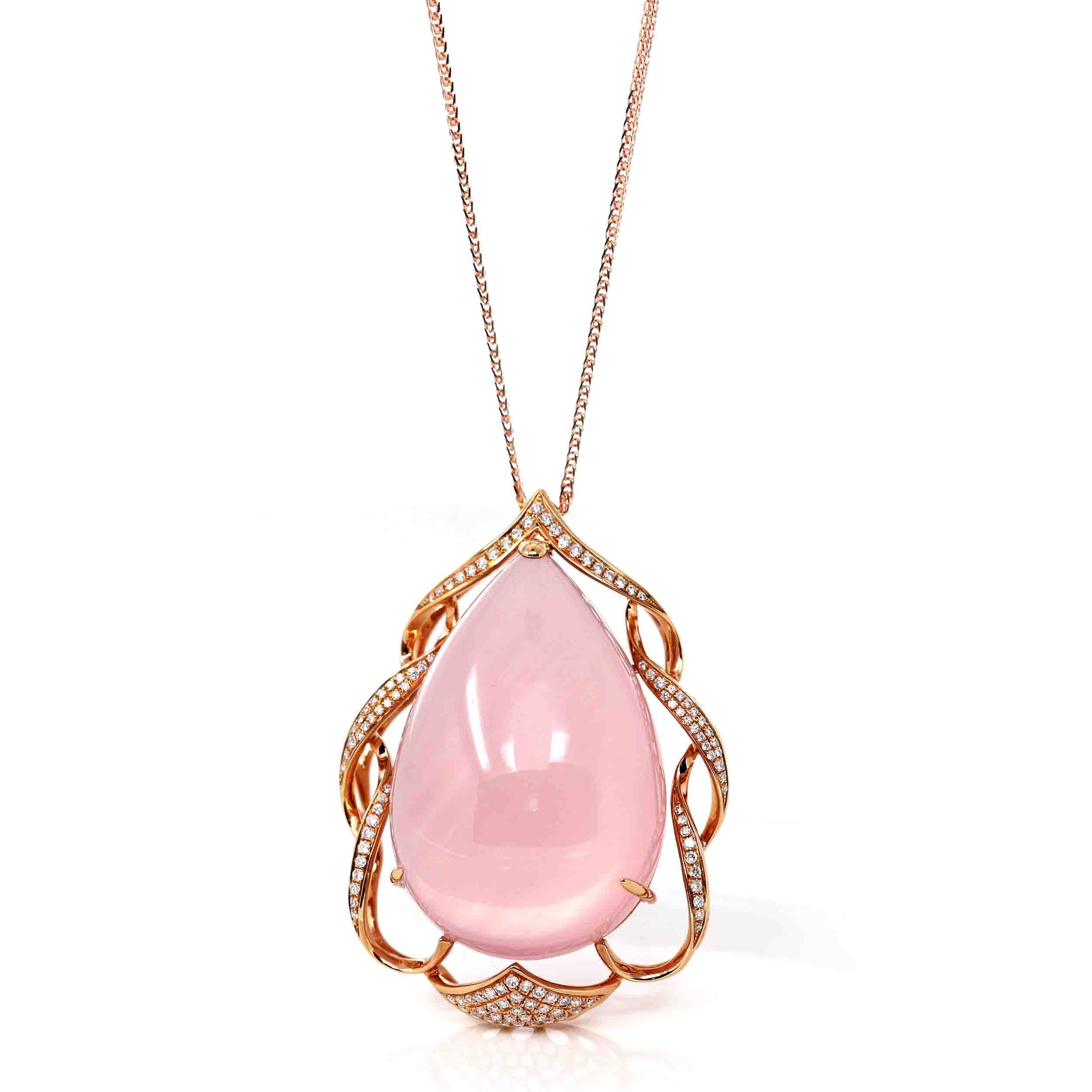 18k Rose Gold Royal Rose Quartz Pendant Necklace with Diamonds For Sale