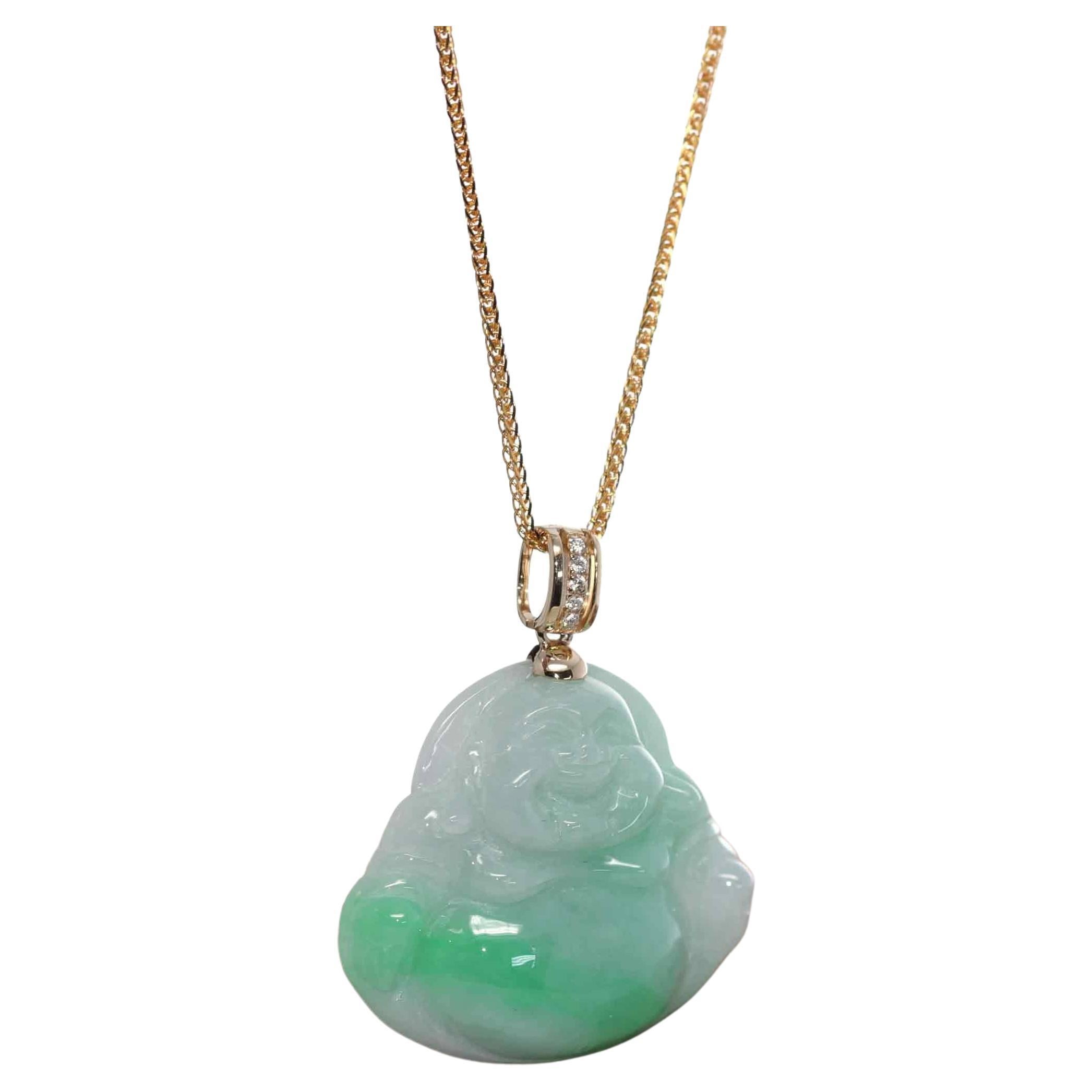 "Laughing Buddha" Green Jadeite Jade Necklace with 14k Yellow Gold Diamond Bail For Sale