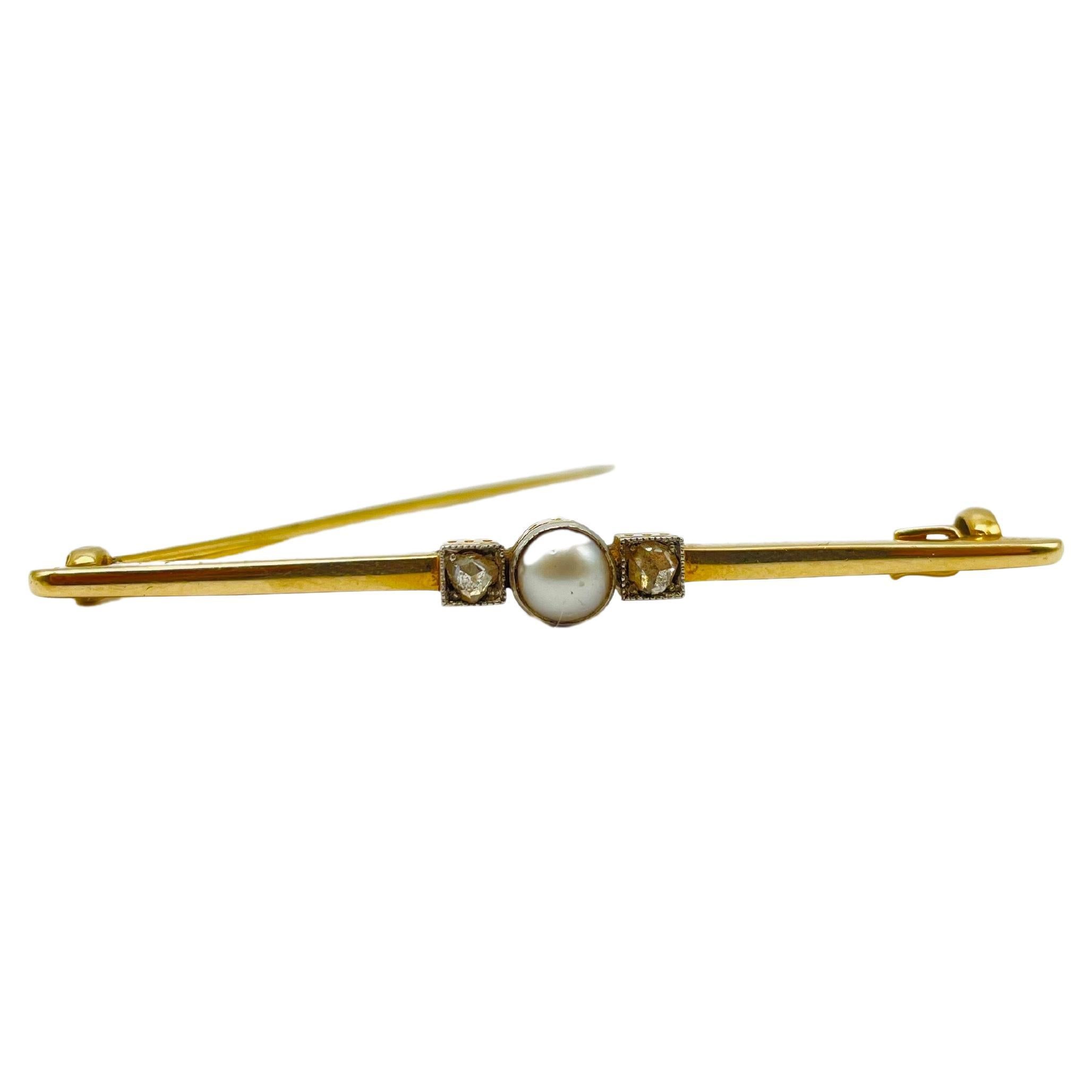 Antique 14k Gold Bar Brooch with Rose Cut Diamond and Pearl For Sale