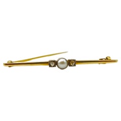 Vintage 14k Gold Bar Brooch with Rose Cut Diamond and Pearl