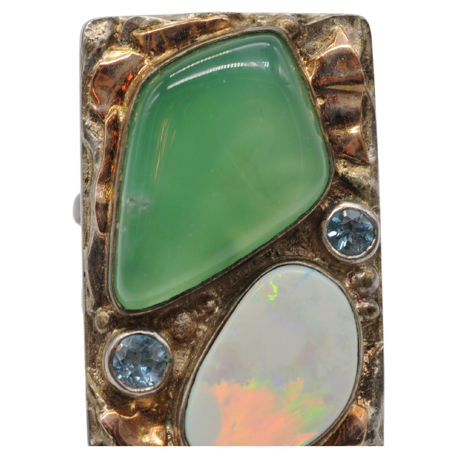 Antiker majestätischer Silberring aus antikem Silber mit Opal-Aquamarin und Jade im Angebot 4