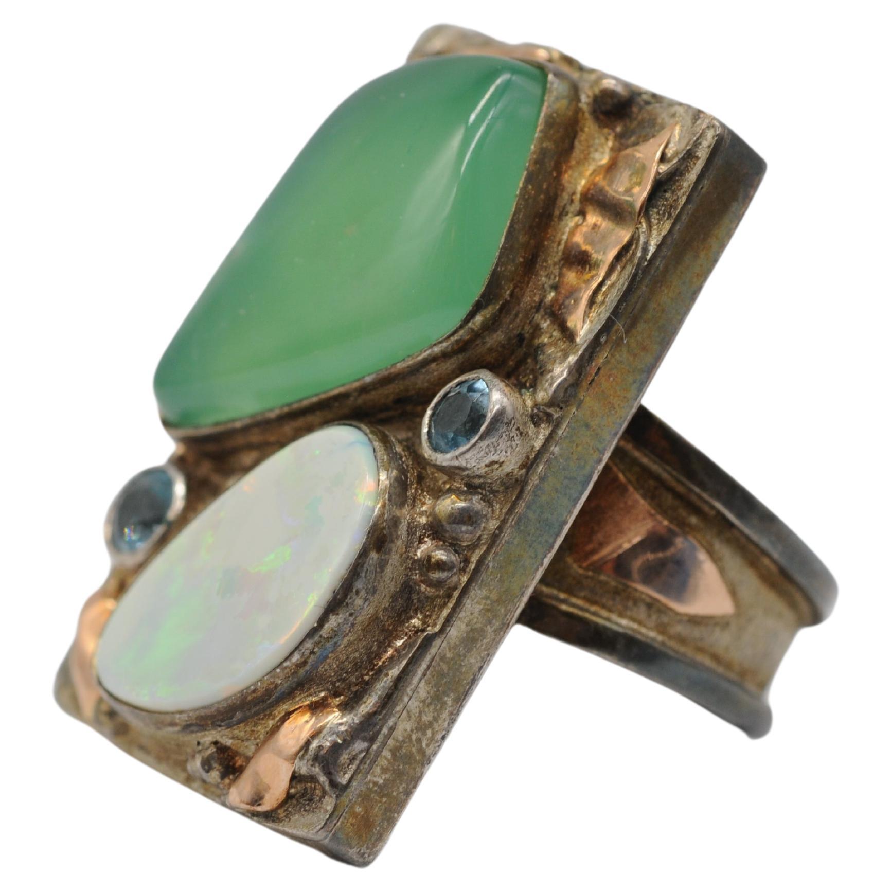 Women's or Men's antique majestic silver ring with opal aquamarine and jade For Sale