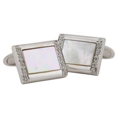 14k White Gold Cufflinks with Mother of Pearl and Diamonds