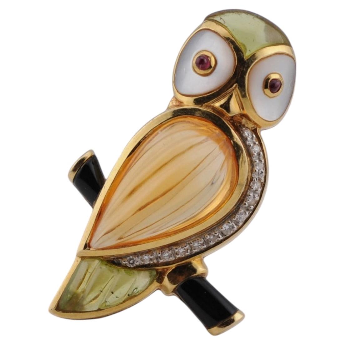 Gold Owl Brooch Pendant - Diamonds, Peridot, Citrine, Mother of Pearl
