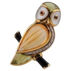Gold Owl Brooch Pendant - Diamonds, Peridot, Citrine, Mother of Pearl