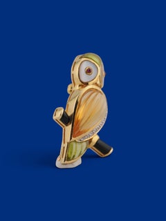 Gold Owl Brooch Pendant - Diamonds, Peridot, Citrine, Mother of Pearl