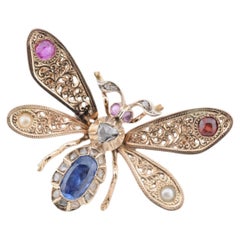 Antique 18k Gold Butterfly Brooch - Unheated Ceylon Sapphire, Ruby, Garnet