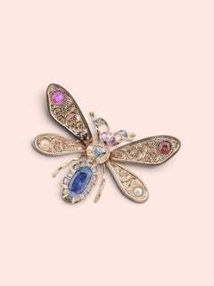 Antique 18k Gold Butterfly Brooch - Unheated Ceylon Sapphire, Ruby, Garnet