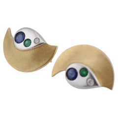 Brushed 18k Yellow Gold Designer Earrings - Sapphire, Emerald & Diamonds
