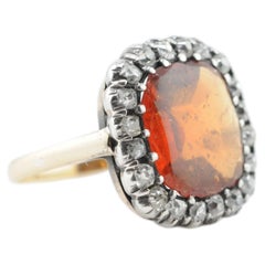 Antique 14K White Gold Ring with Orange Garnet & Old-Cut Diamonds