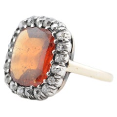 Antique 14K White Gold Ring with Orange Garnet & Old-Cut Diamonds