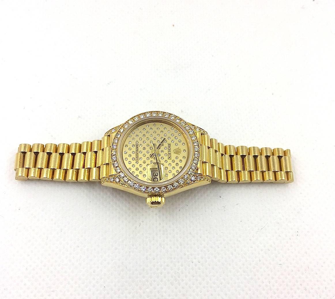 Rolex Ladies Yellow Gold Datejust President Factory Diamond Automatic Wristwatch In Excellent Condition In New York, NY