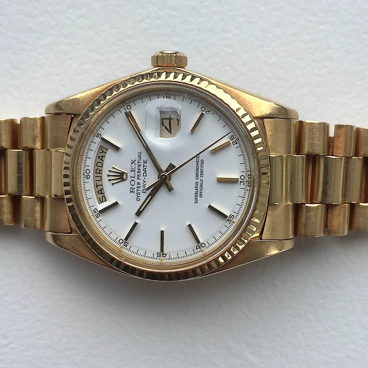 Rolex Yellow Gold Day Date President White Dial Automatic Wristwatch, 1970s In Good Condition In New York, NY