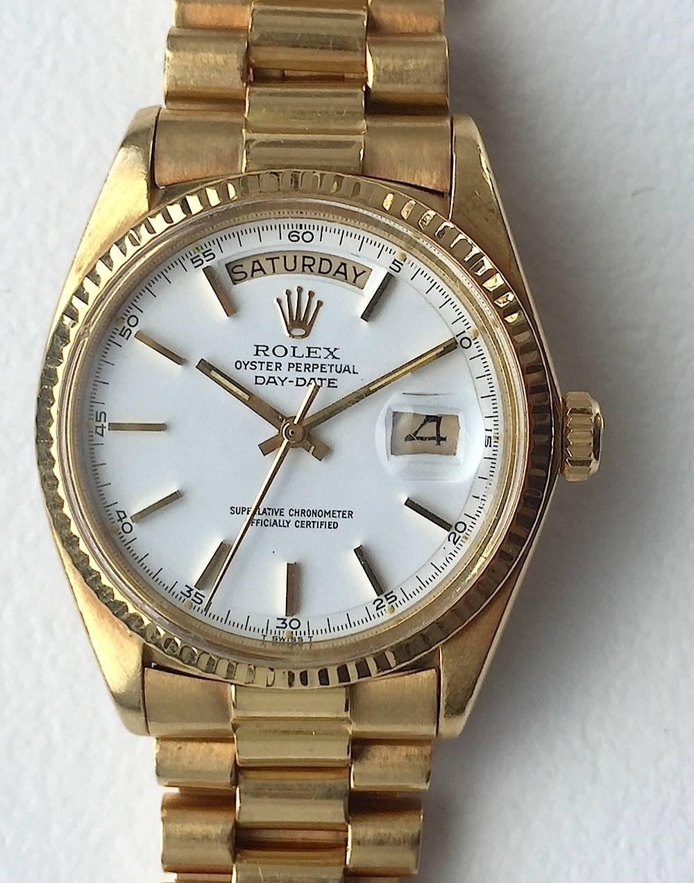 Women's or Men's Rolex Yellow Gold Day Date President White Dial Automatic Wristwatch, 1970s