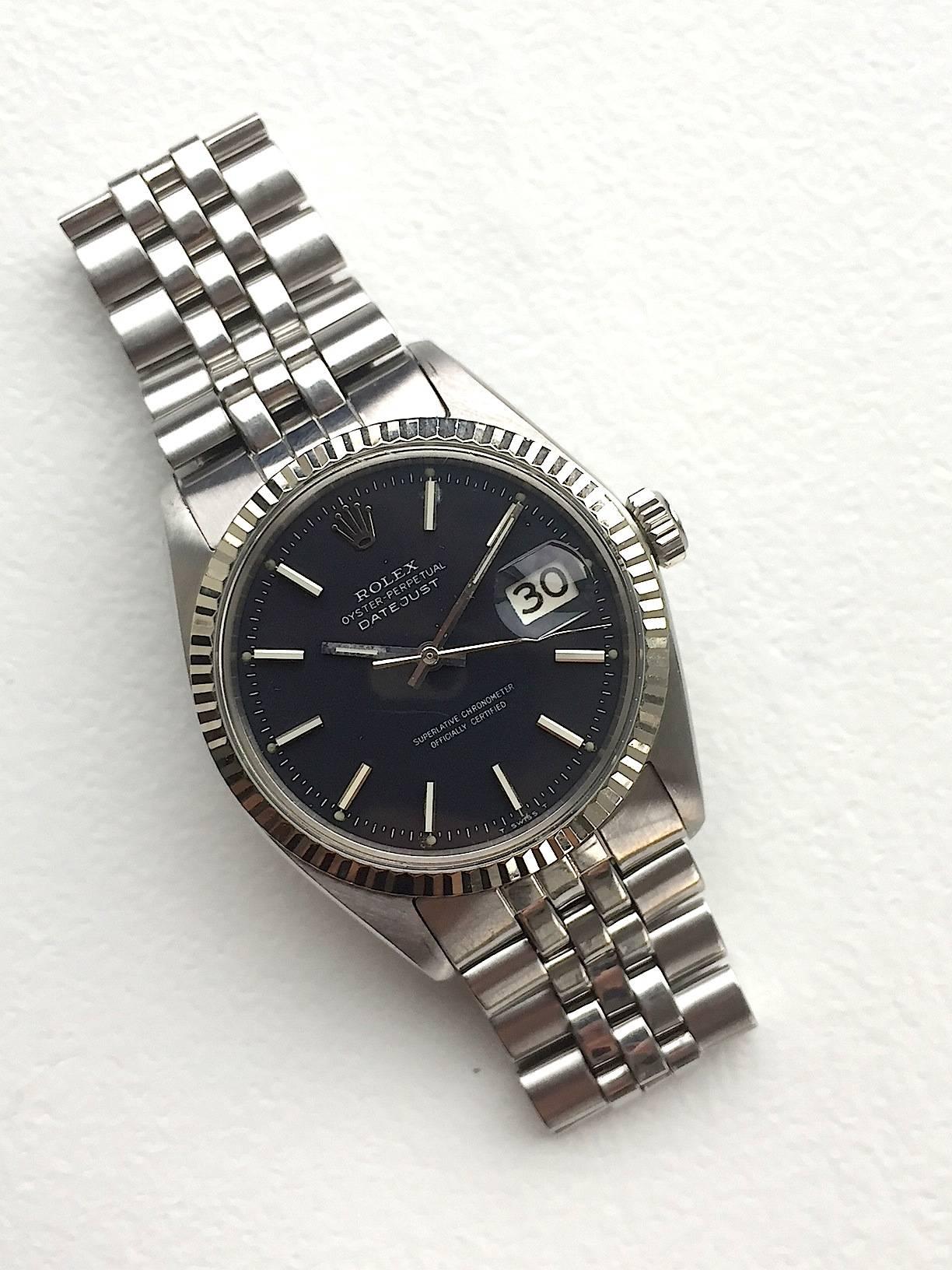 Rolex White Gold and Stainless Black Dial Oyster Perpetual Datejust Wristwatch In Good Condition In New York, NY