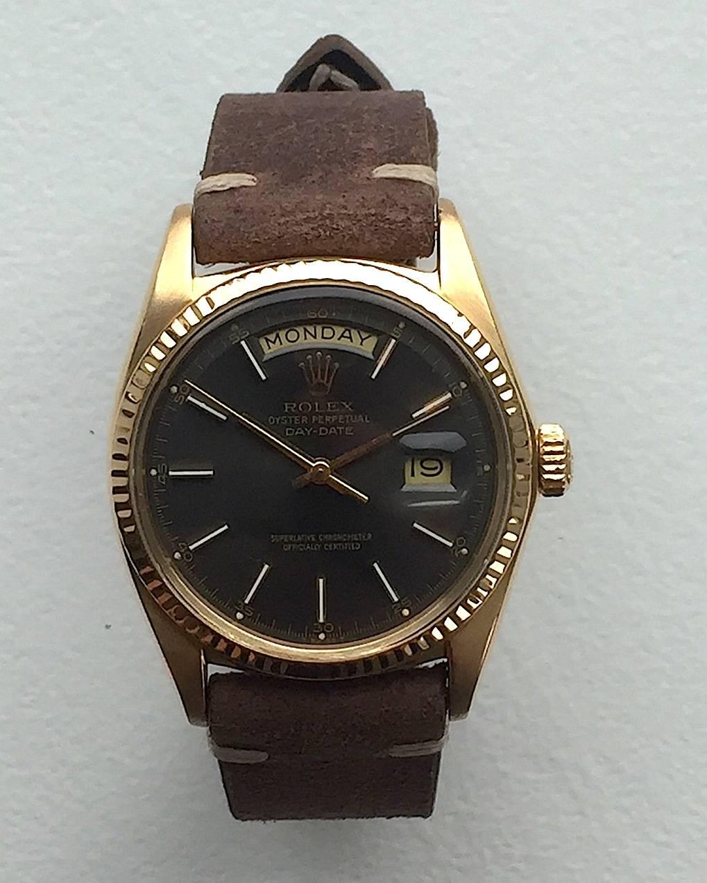 Rolex Yellow Gold Vintage Day-Date Grey Dial Automatic Wristwatch   In Good Condition In New York, NY