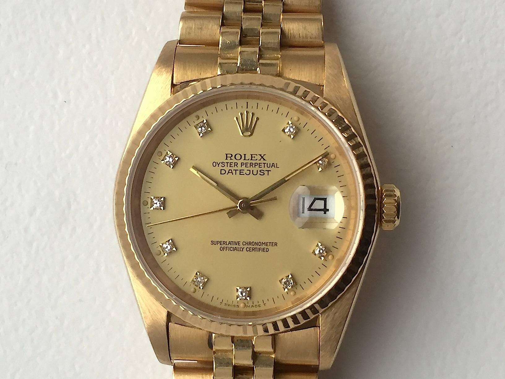 Women's or Men's Rolex 18K Yellow Gold Oyster Perpetual Factory Diamond Dial Datejust Watch