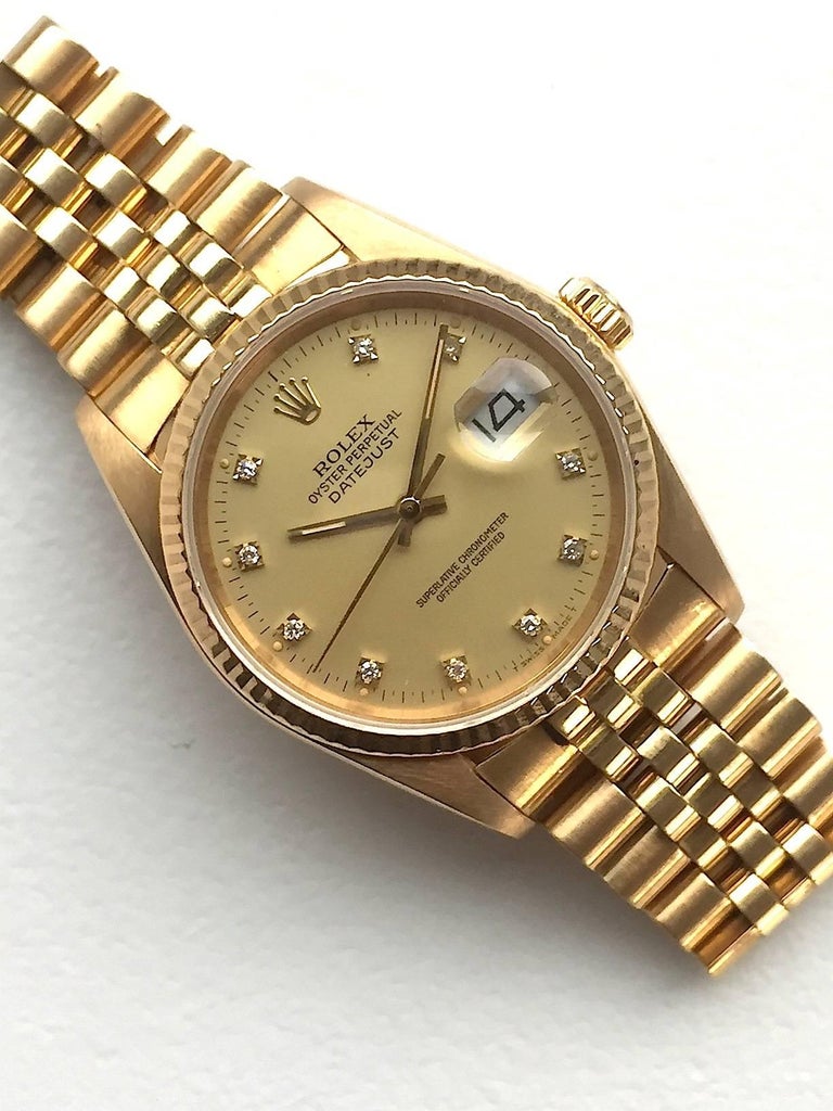 Rolex 18K Yellow Gold Oyster Perpetual Factory Diamond Dial Datejust Watch at 1stDibs