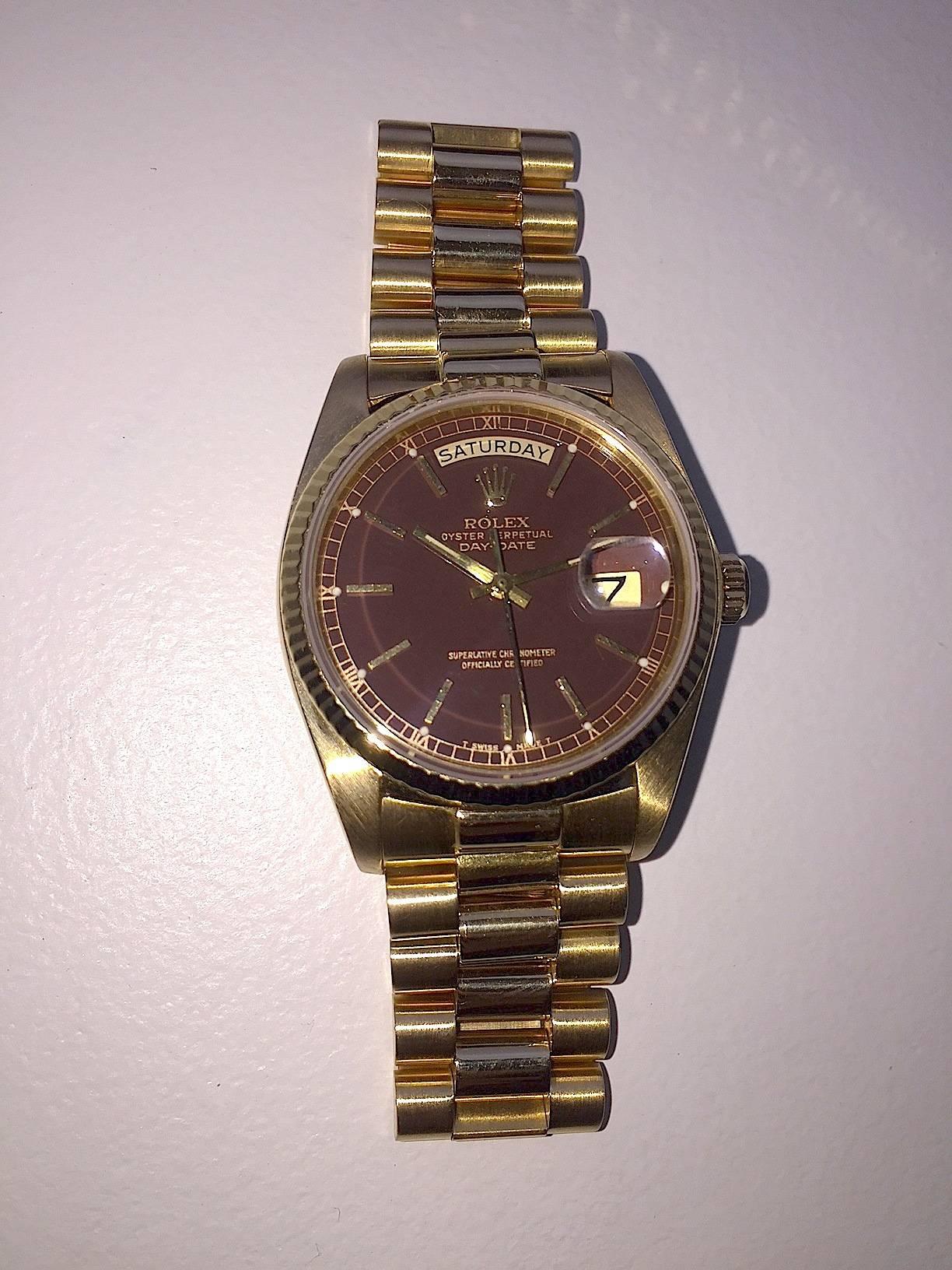 Rolex Yellow Gold Oxblood Stella Day-Date President Wristwatch with Papers In Excellent Condition For Sale In New York, NY