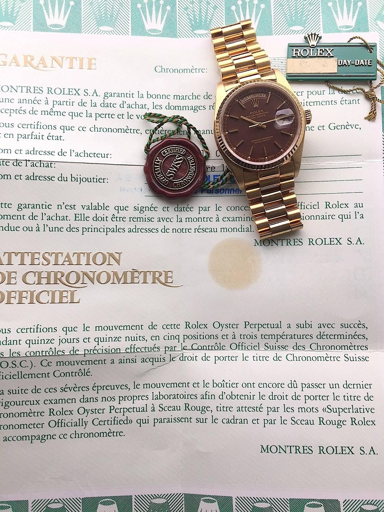 Women's or Men's Rolex Yellow Gold Oxblood Stella Day-Date President Wristwatch with Papers For Sale