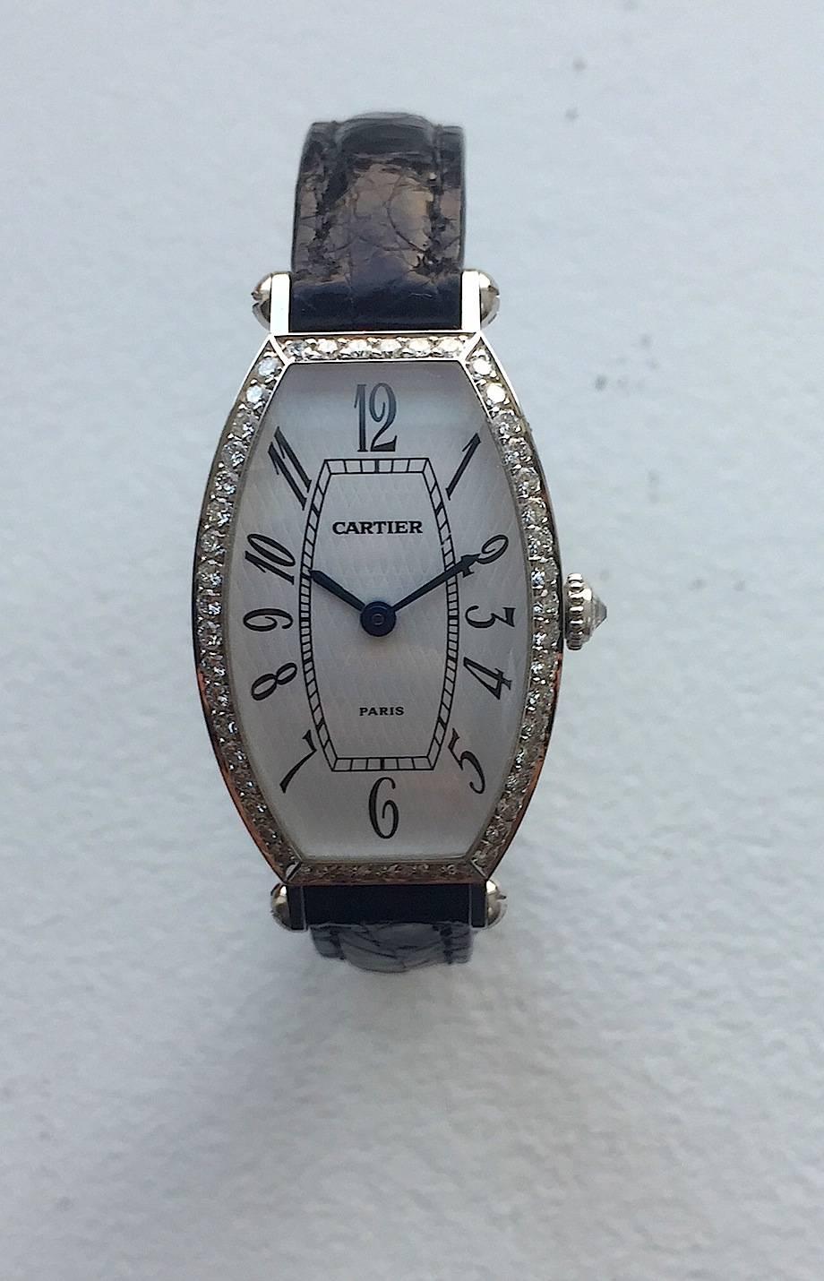 Women's or Men's Cartier Paris Ladies White Gold Diamond Manual Wind Wristwatch