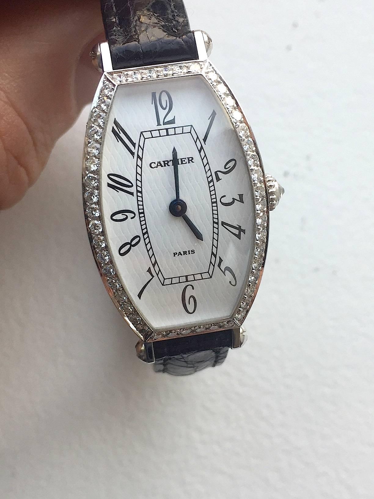 Cartier Paris Ladies White Gold Diamond Manual Wind Wristwatch In Excellent Condition In New York, NY