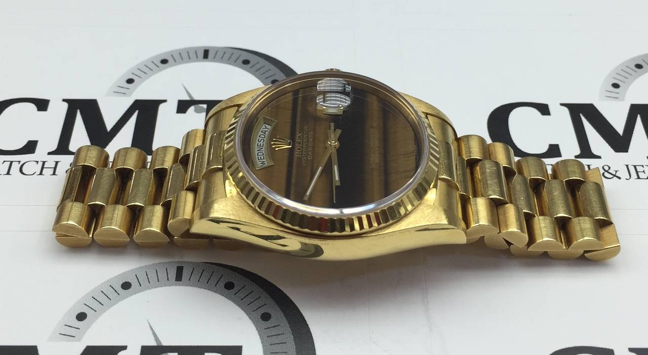 Rolex Yellow Gold Tiger's Eye Dial Day-Date President Quartz Wristwatch In Excellent Condition In New York, NY
