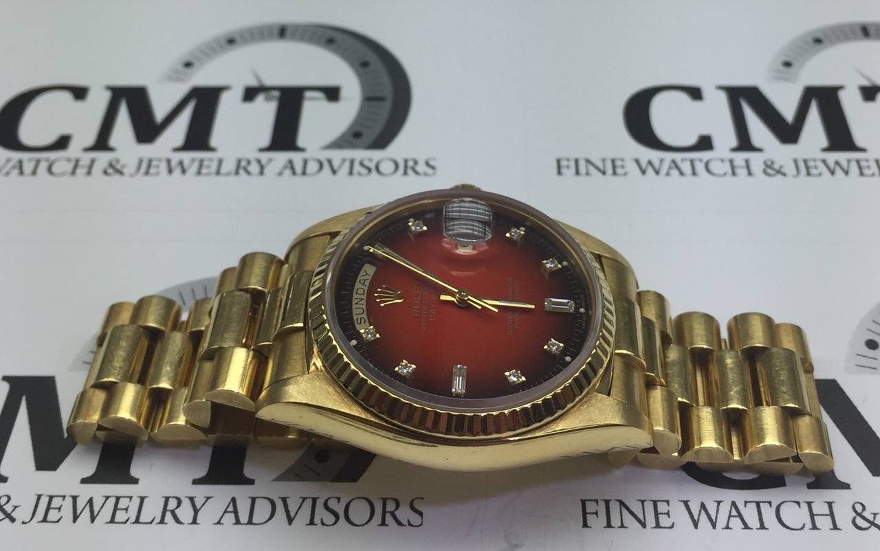 Rolex Yellow Gold Red Vignette Dial Perpetual Day-Date Presidential Wristwatch In Excellent Condition In New York, NY