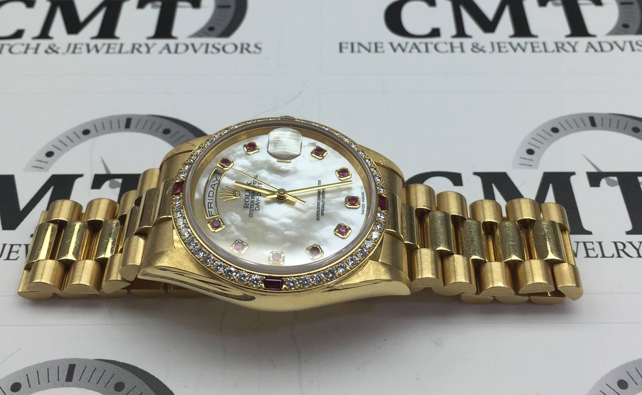 Rolex Yellow Gold Mother-of-Pearl Dial Day-Date Crown Collection Wristwatch In Excellent Condition In New York, NY