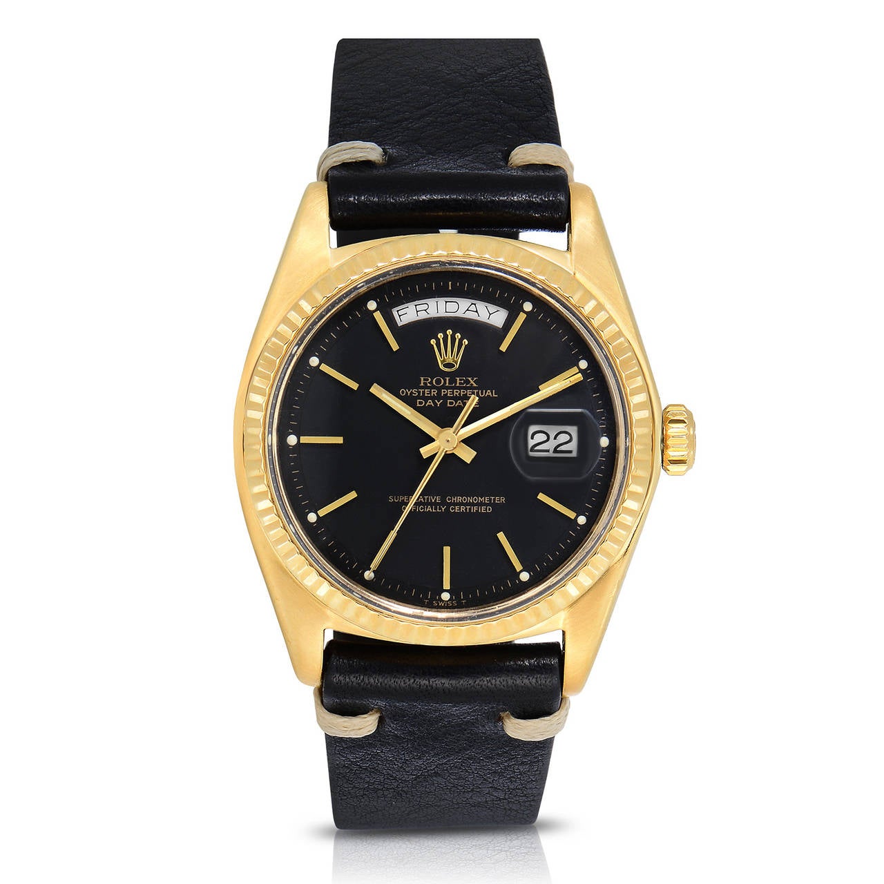 Rolex Oyster Perpetual Day-Date 18K Yellow Gold Watch
Solid 18K Yellow Gold Case
36MM in Size
Factory Black Matte Dial
Circa 1968
Handmade Custom Black Leather Strap with White Contrast Stitching