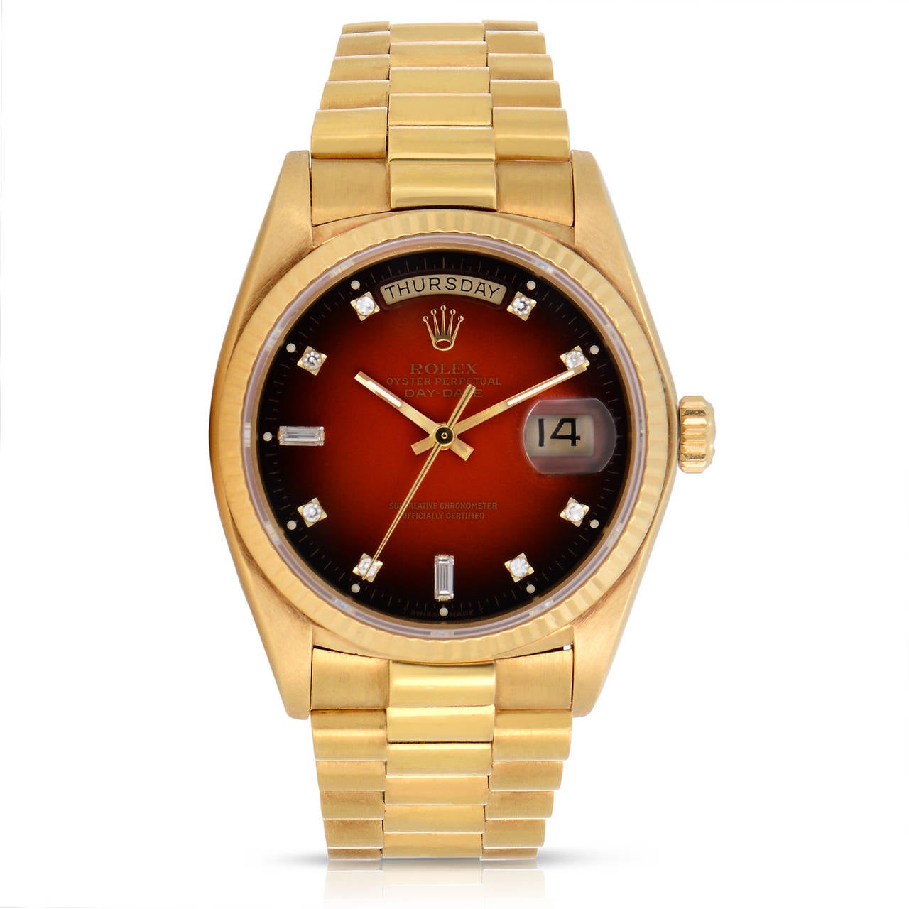 Vintage Rolex 18K Yellow Gold Oyster Perpetual Day-Date Presidential Watch
Features a Very Rare Red Vignette Degrade Enamel Dial with Diamonds
All Factory from Rolex
Features a 36mm Solid Yellow Gold Case
Rolex Presidential 18K Yellow Gold
