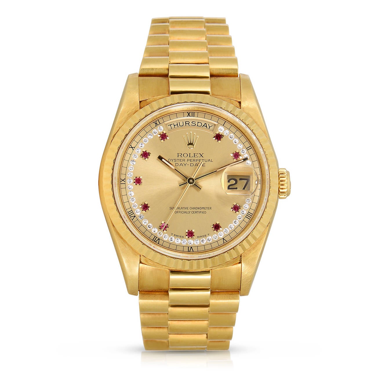 Wow!
A True Safe Queen
Rolex Crown Collection Day-Date Presidential Watch with Factory Diamond and Ruby String Dial
Watch Comes Complete with Original Paperwork and Box
Watch is Unpolished and Has Been in a Safe for 15+ Years
Unpolished Case