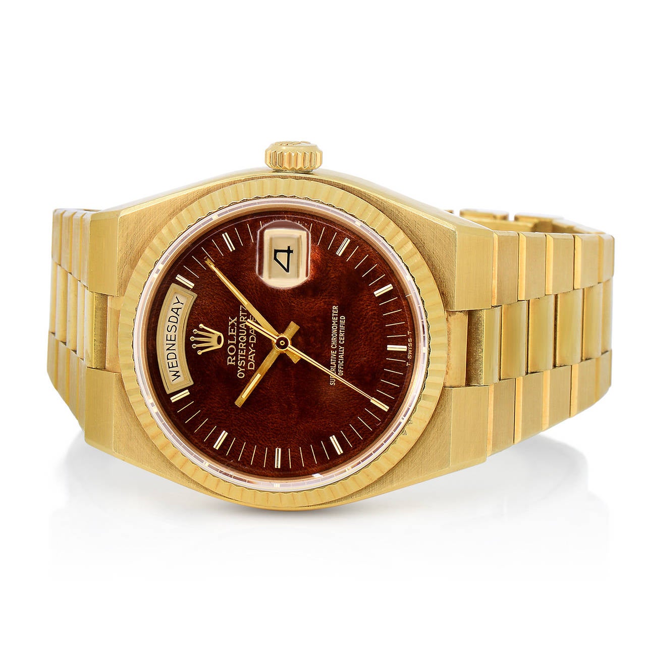Rolex Yellow Gold Wood Dial OysterQuartz Day-Date Quartz Presidential Wristwatch In Excellent Condition In New York, NY
