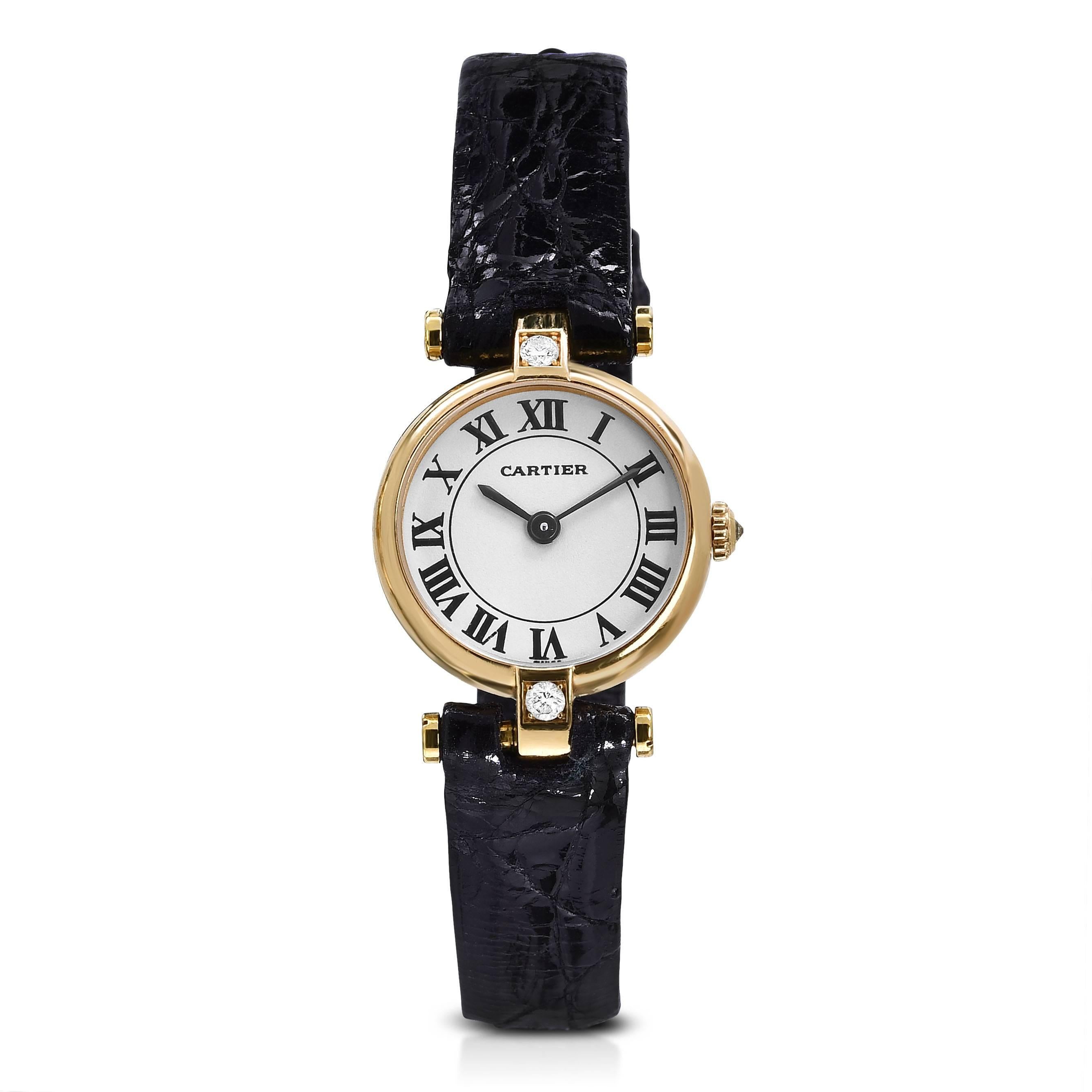 Cartier Factory 18K Yellow Gold Dress Watch
Quartz Movement
19mm in Size
Classic Cartier Shape and Design
Set with Factory Diamonds on Case and Crown
Elegant and Suitable for All Occasions
Comes with Letter of Authenticity and One-Year Warranty