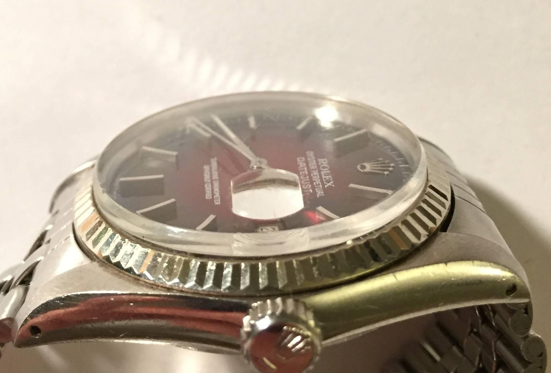 Rolex Vintage White Gold Stainless Steel Datejust Vignette Red Dial Wristwatch 1