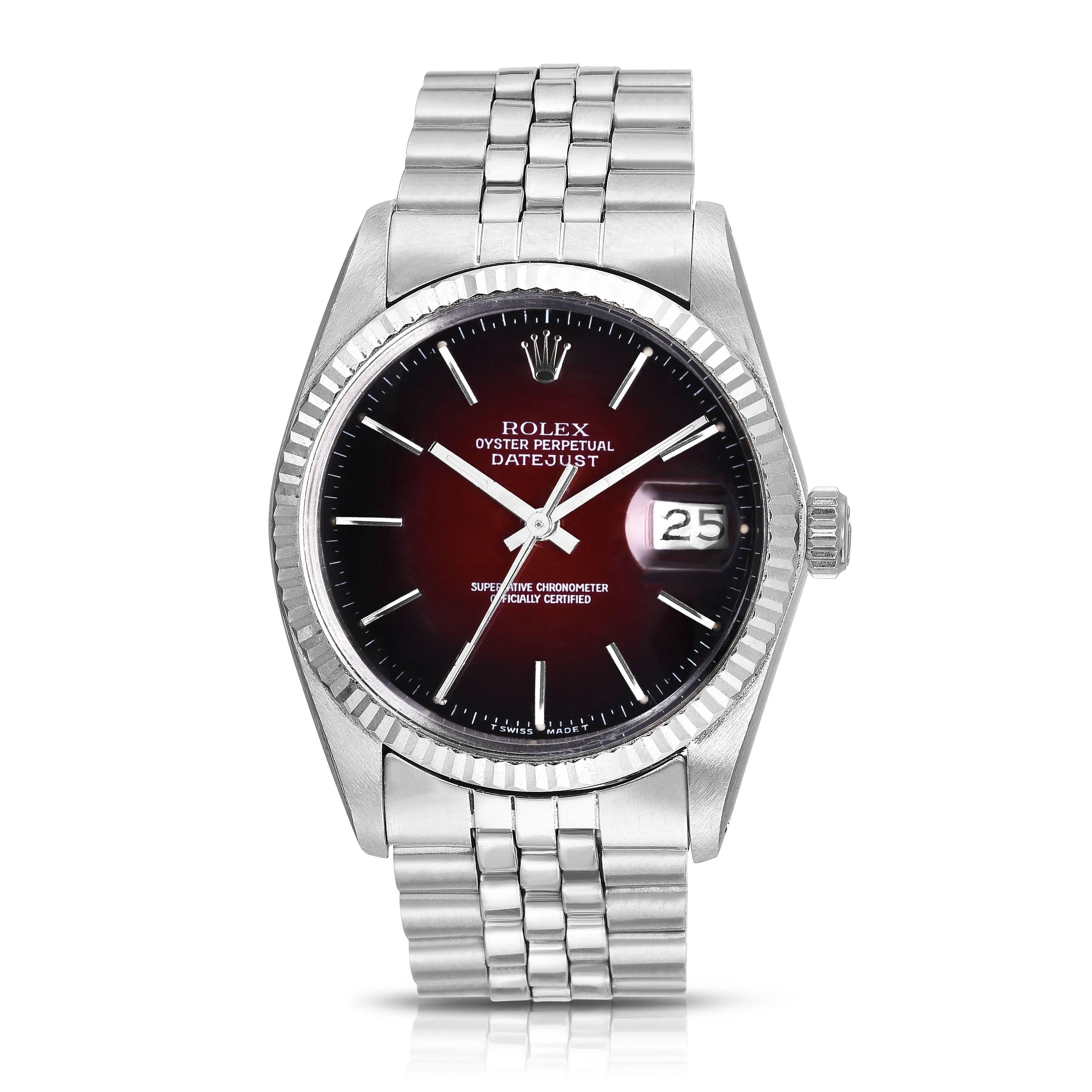 Vintage Rolex Stainless Steel and 18K White Gold Oyster Perpetual Datejust
Rare Factory Red Vignette Degrade Dial
18K White Gold Fluted Bezel
36mm in size
1984 Production
Quick-Set Date Function
Comes Fitted on a Factory Rolex Jubilee