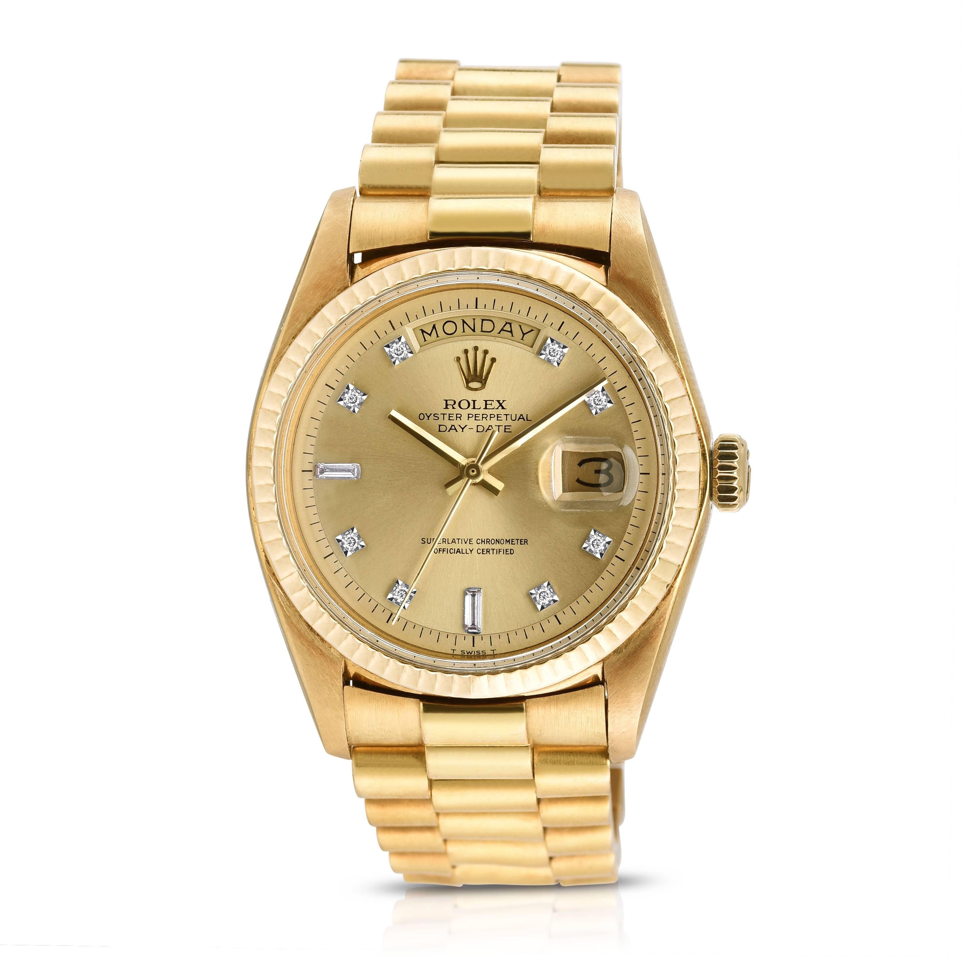 Vintage Rolex Oyster Perpetual Day-Date President
Rare Factory Champagne Diamond Dial with Non-Luminous Markers
36mm in size Solid 18K Yellow Gold Case 
Fluted 18K Yellow Gold Bezel 
Date function at three o'clock 
1971 Production
Factory 18K