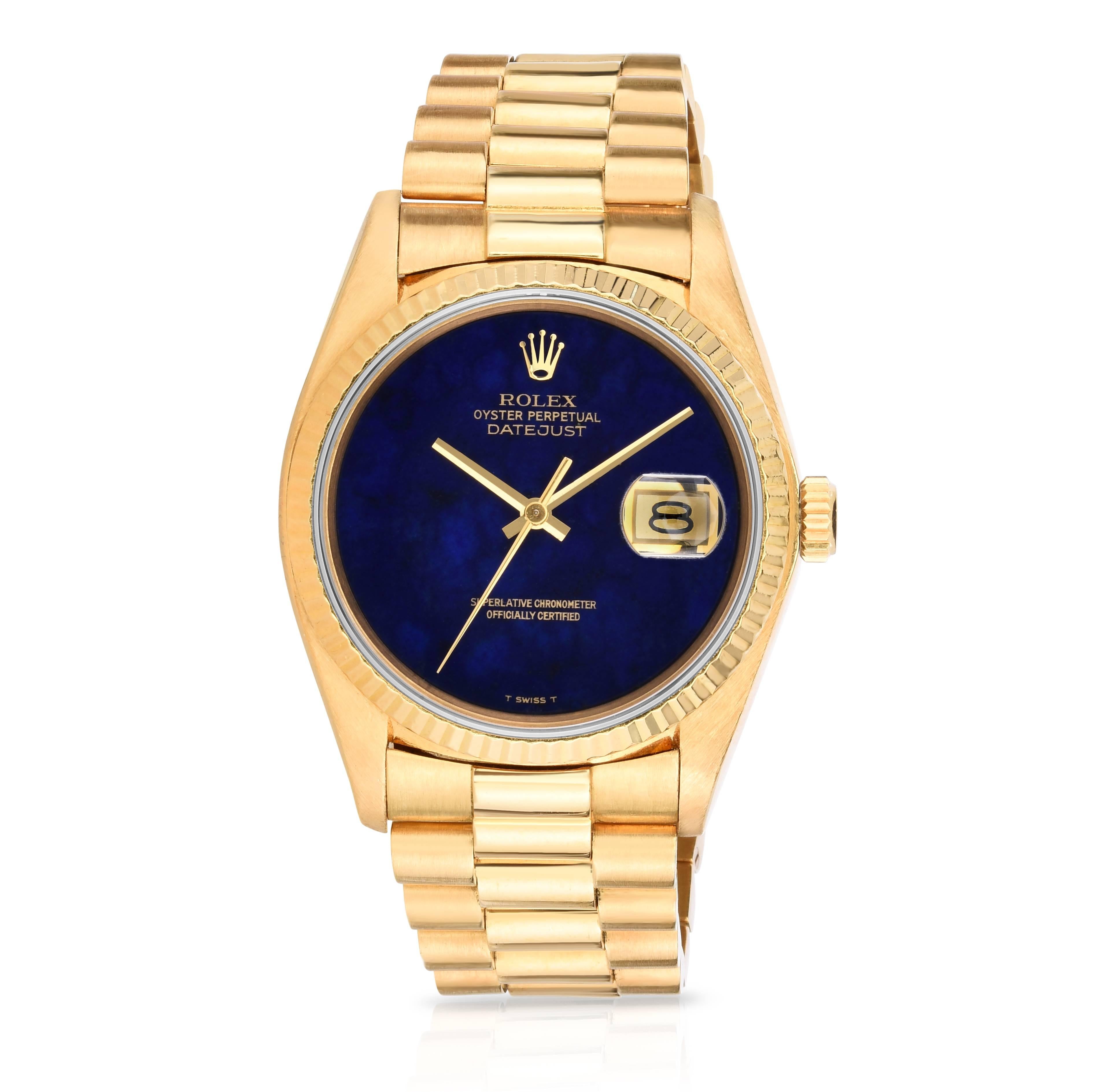 Vintage Rolex 18K Yellow Gold Oyster Perpetual Datejust
Rare Factory Lapis Lazuli Stone Dial with is Pristine and Mint
18K Yellow  Gold Fluted Bezel  
36mm in size 
Sapphire Crystal
Quick-Set Date Function  
1981 Production  
Comes Fitted on
