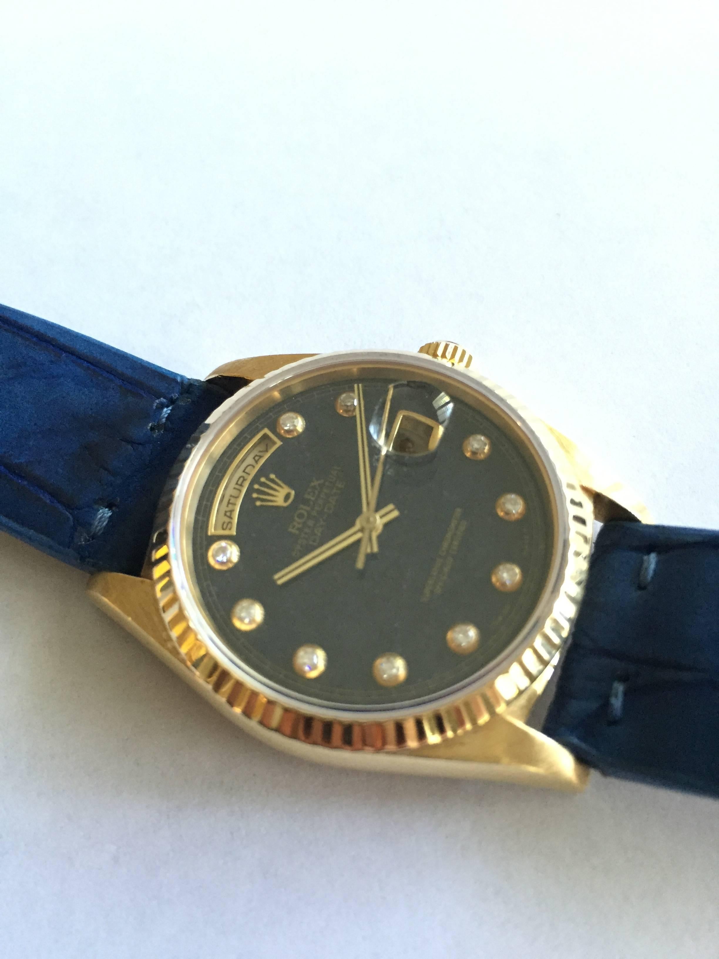 Rolex Yellow Gold Day-Date Diamond Aventurine Dial Wristwatch In Excellent Condition In New York, NY
