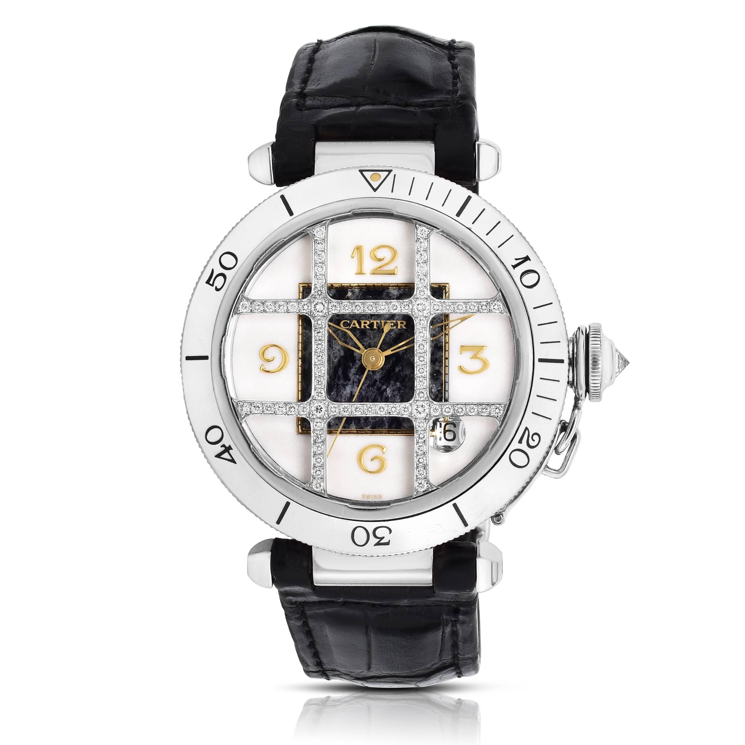 Pasha de Cartier 18K White Gold Watch
Rare Boutique Edition Piece with Factory Stone Dial
Factory Diamond Grill Which is Removable
Solid 18K White Gold Case
Cartier 18K White Gold Deployment Buckle
35mm Size
Sapphire Crystal
Date Function 