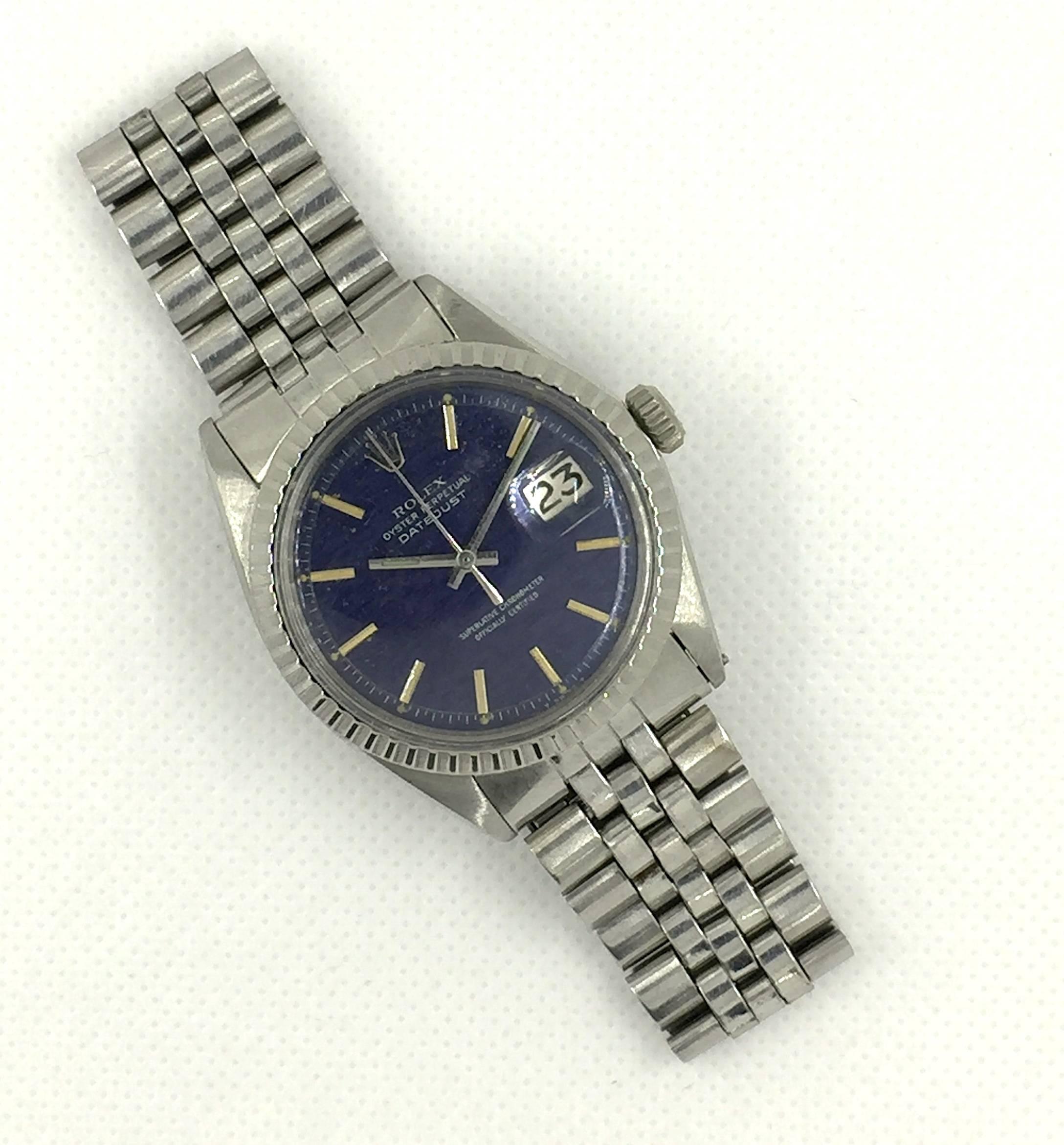 Rolex Oyster Perpetual Datejust Blue Wave Dial Wristwatch 1970 In Good Condition In New York, NY