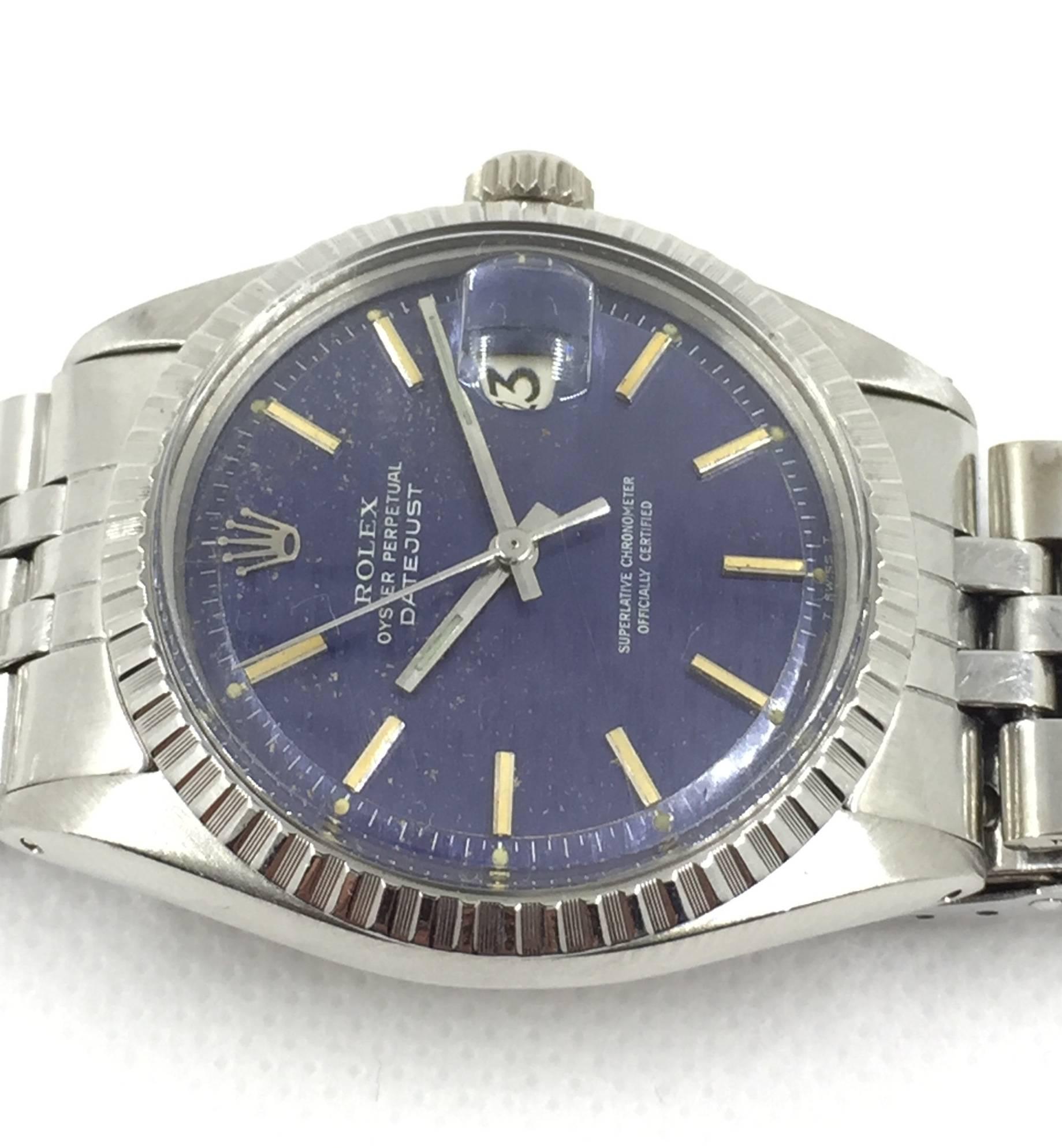 Women's or Men's Rolex Oyster Perpetual Datejust Blue Wave Dial Wristwatch 1970