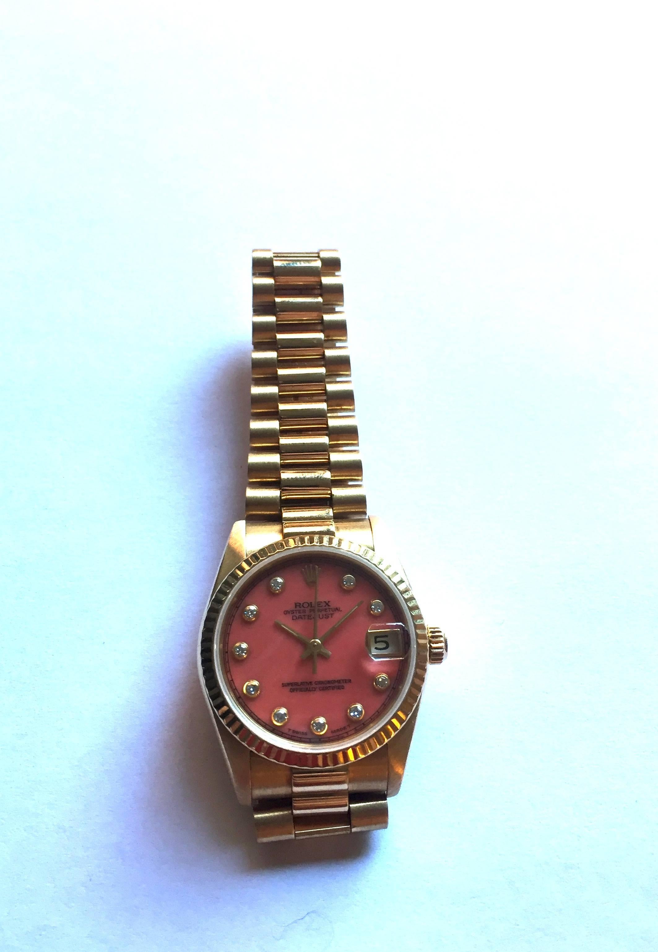 Rolex 18K Yellow Gold Ladies Presidental Watch with Coral Diamond Dial In Excellent Condition In New York, NY