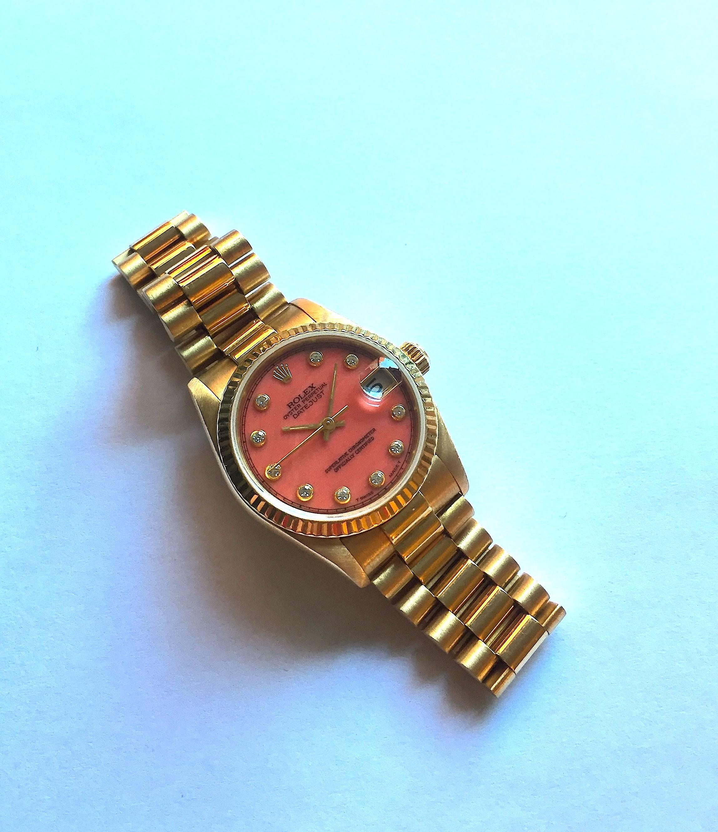 Women's Rolex 18K Yellow Gold Ladies Presidental Watch with Coral Diamond Dial
