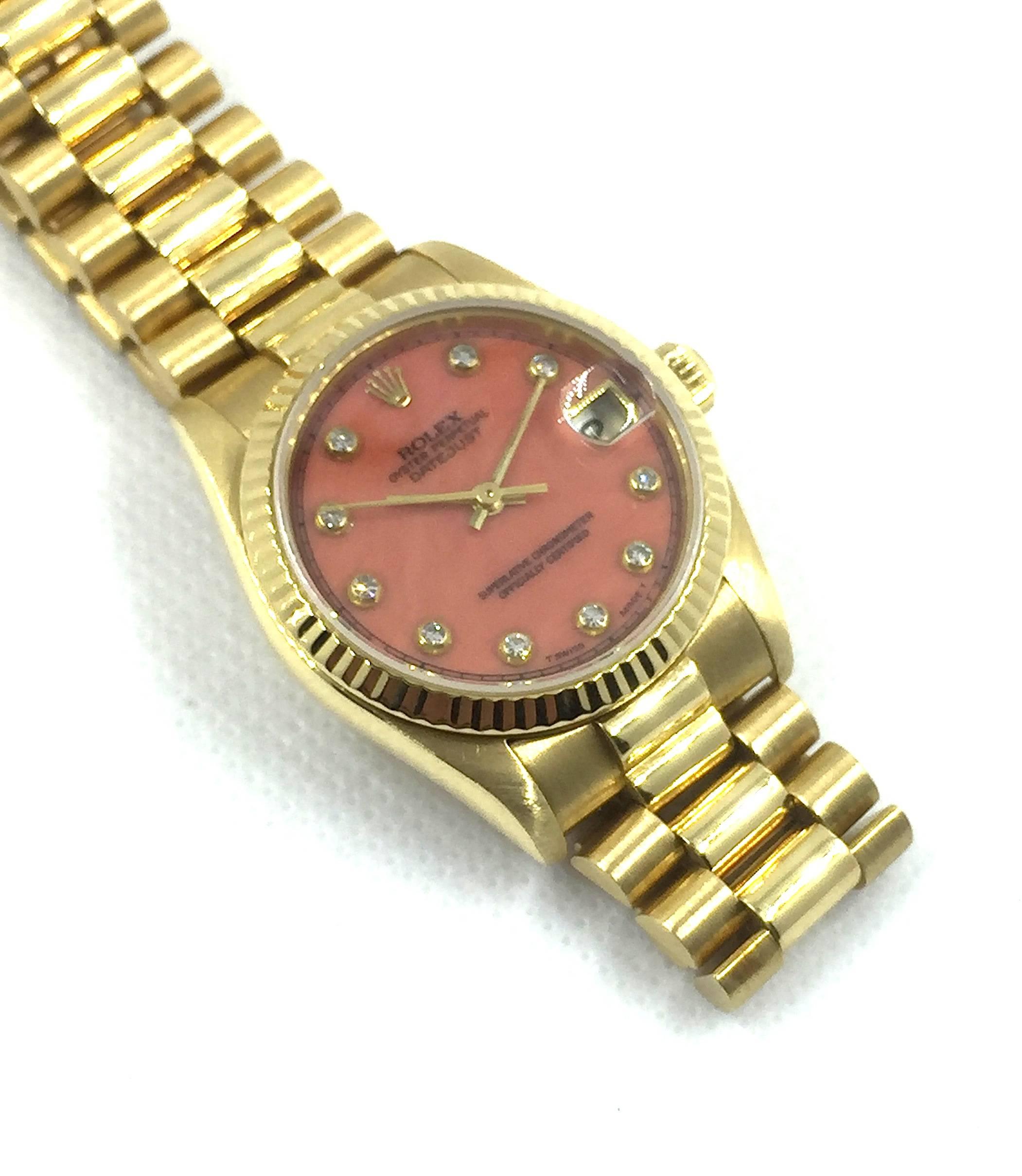 Rolex 18K Yellow Gold Ladies Presidental Watch with Coral Diamond Dial 3