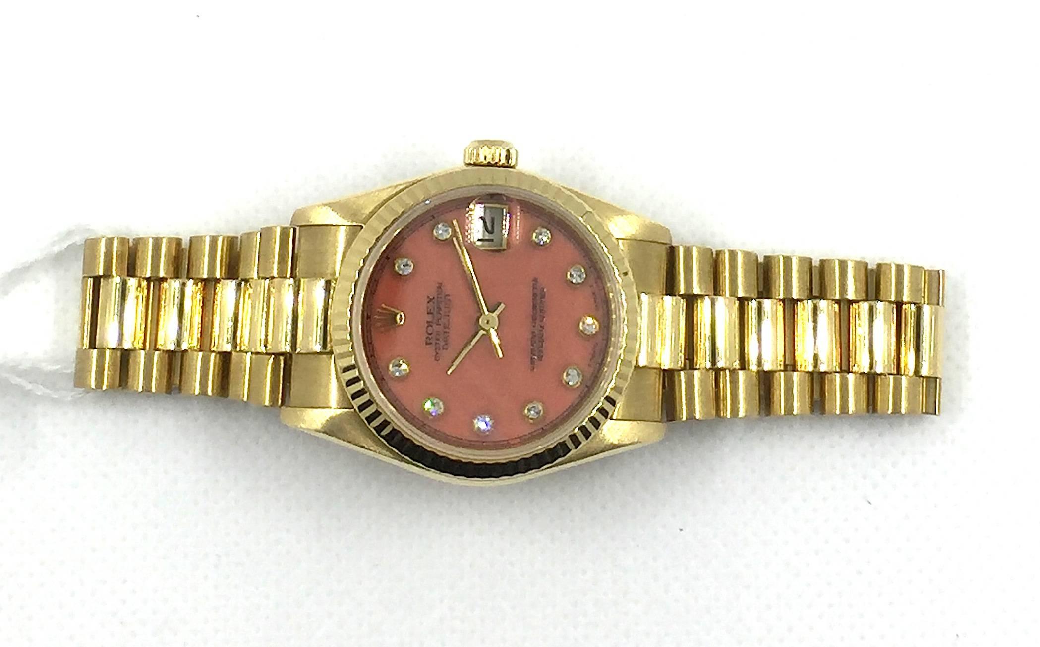Rolex 18K Yellow Gold Ladies Presidental Watch with Coral Diamond Dial 4