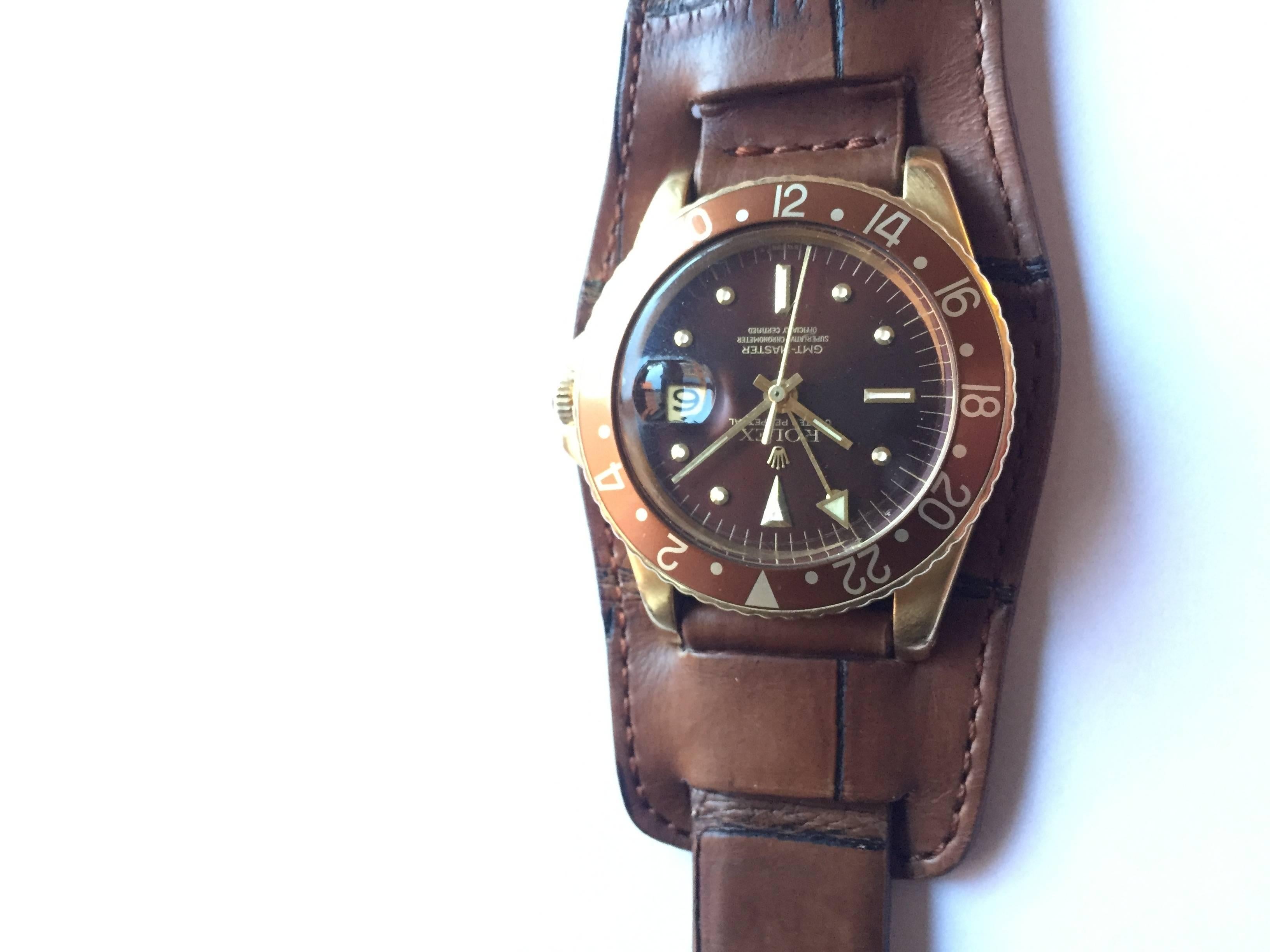 Women's or Men's Rolex Vintage 18K Yellow Gold 'Concorde' GMT Master Watch 1968